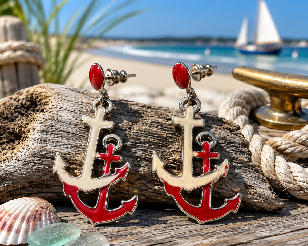 Vintage Red White Enamel Double Anchor Dangle Earrings Nautical Pierced 1.75"
